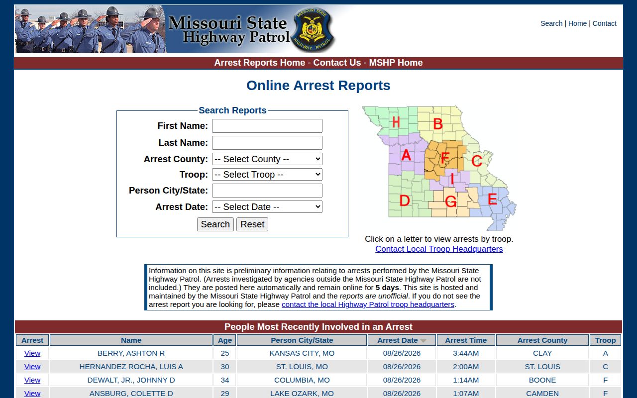 Mississippi County arrest record search through Missouri State Highway Patrol